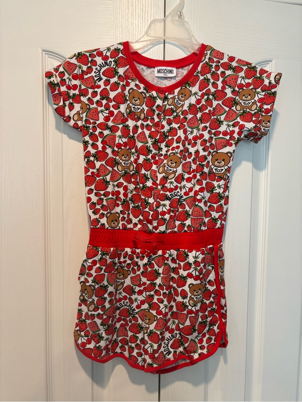 Moschino White Dress with Red Strawberry & Teddy Bear Print